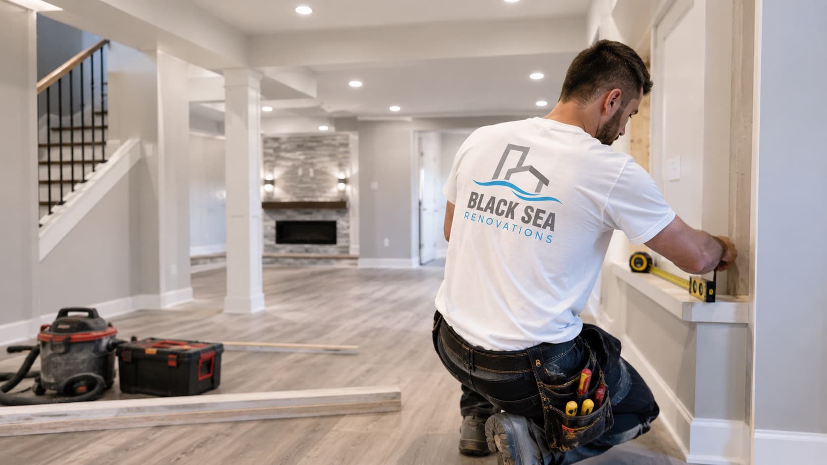 Black Sea Renovations installer finishing details in a completed basement renovation