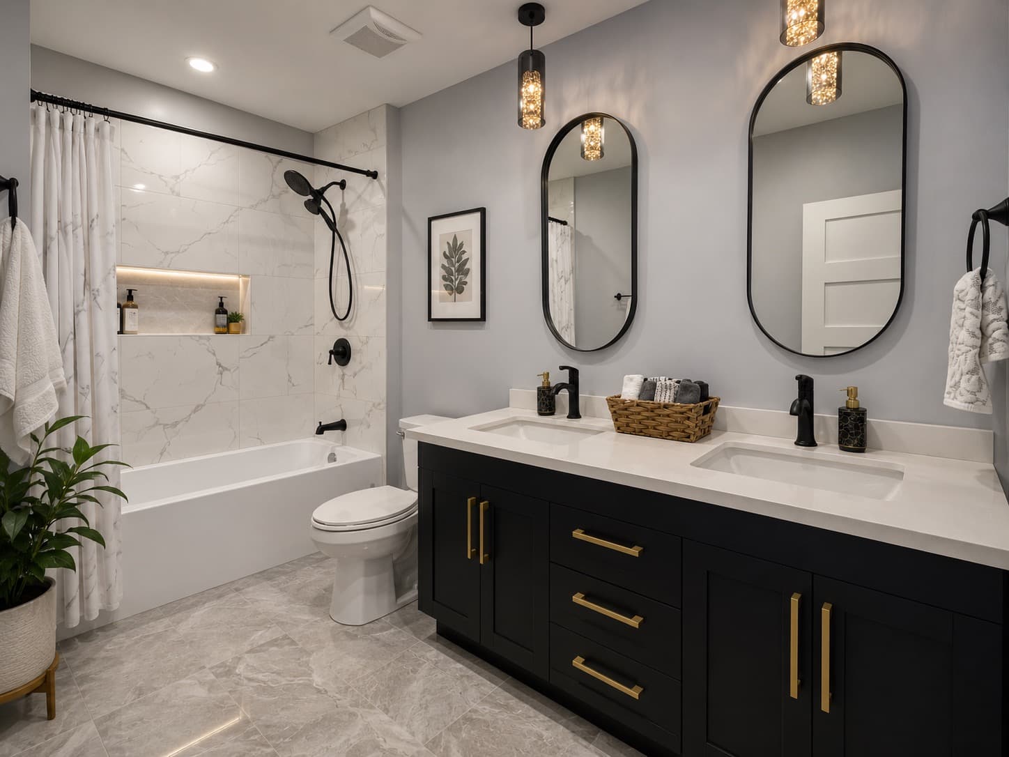 Finished bathroom renovation with double vanity, arched mirrors, marble-style shower tile, and black fixtures