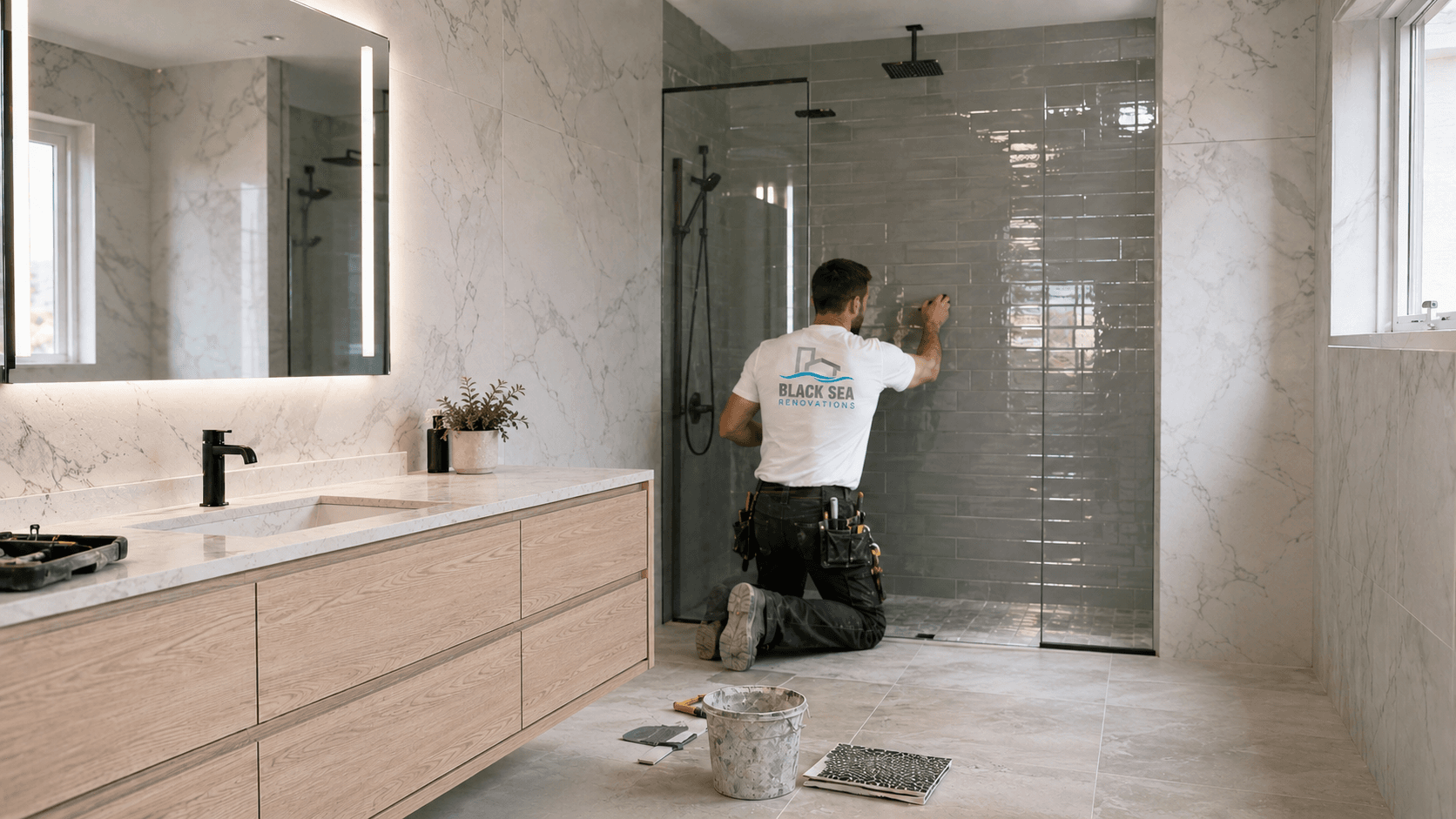 Black Sea Renovations installer finishing tile in a renovated bathroom with a vanity, mirror, and glass shower