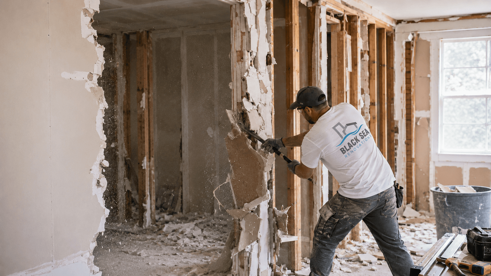 Black Sea Renovations worker removing drywall during an interior demolition project