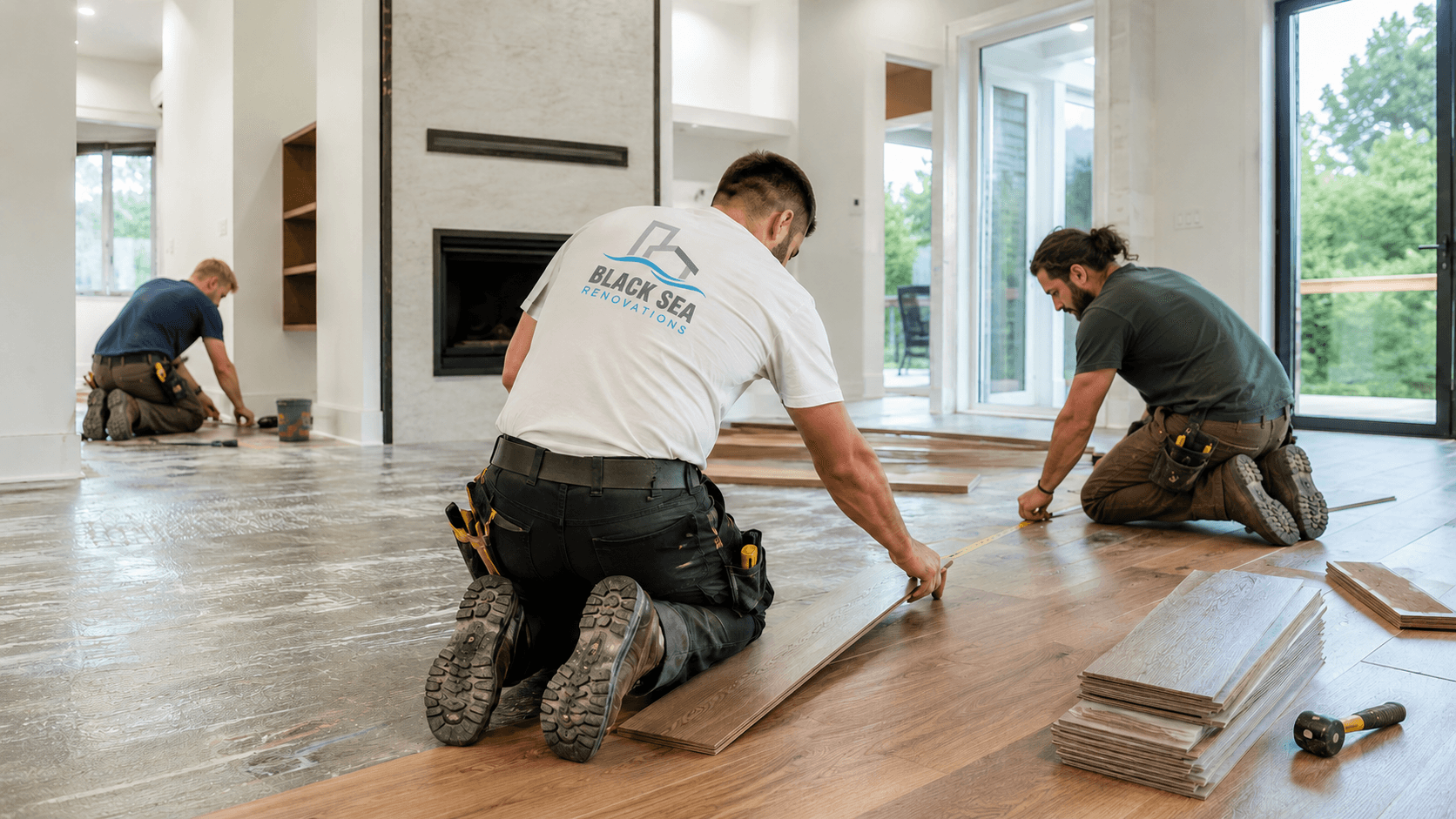 Black Sea Renovations team measuring and installing wood-look flooring in a bright renovated room