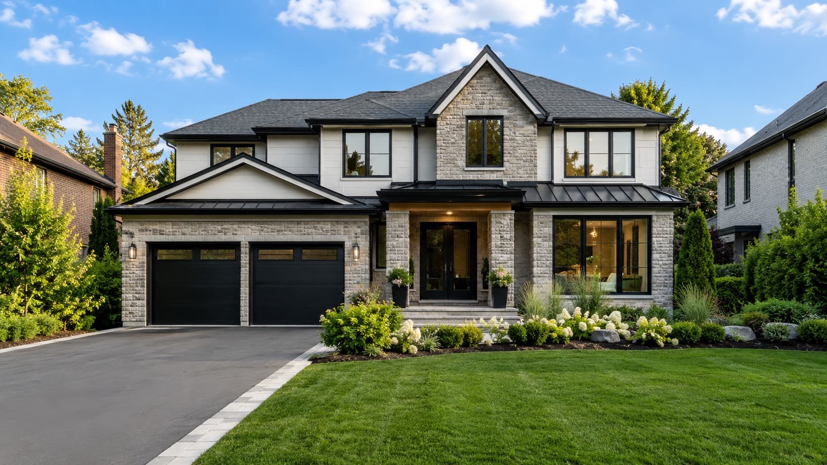 Modern Burlington family home exterior with stone facade, black trim, and landscaped front yard