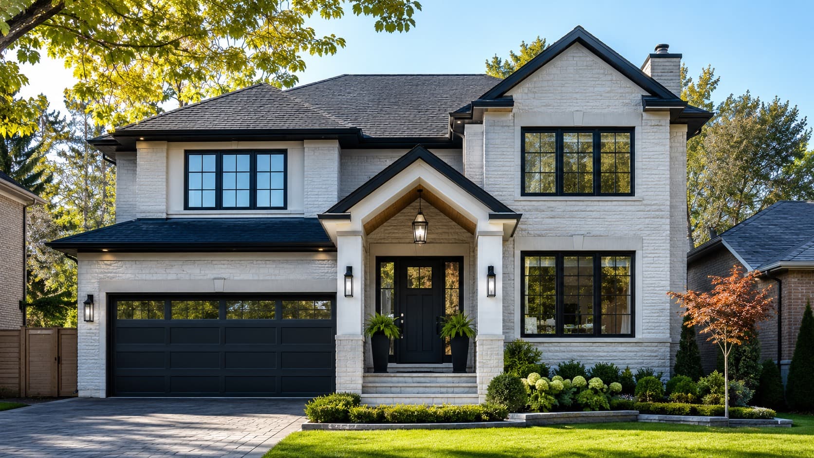 Modern GTA home exterior with white stone, black windows, and landscaped front yard