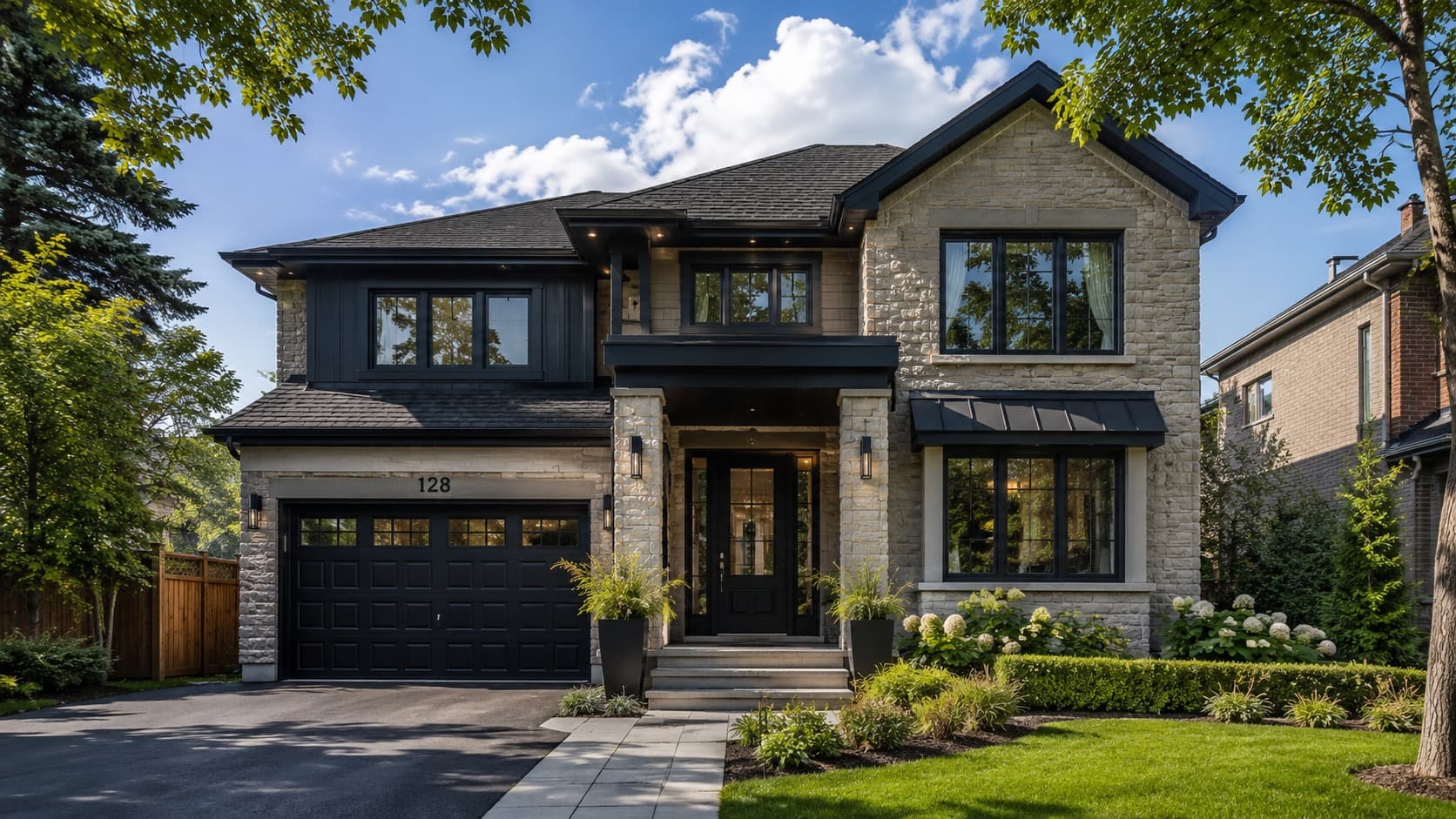 Modern Hamilton home exterior with stone facade, black garage door, and landscaped front yard