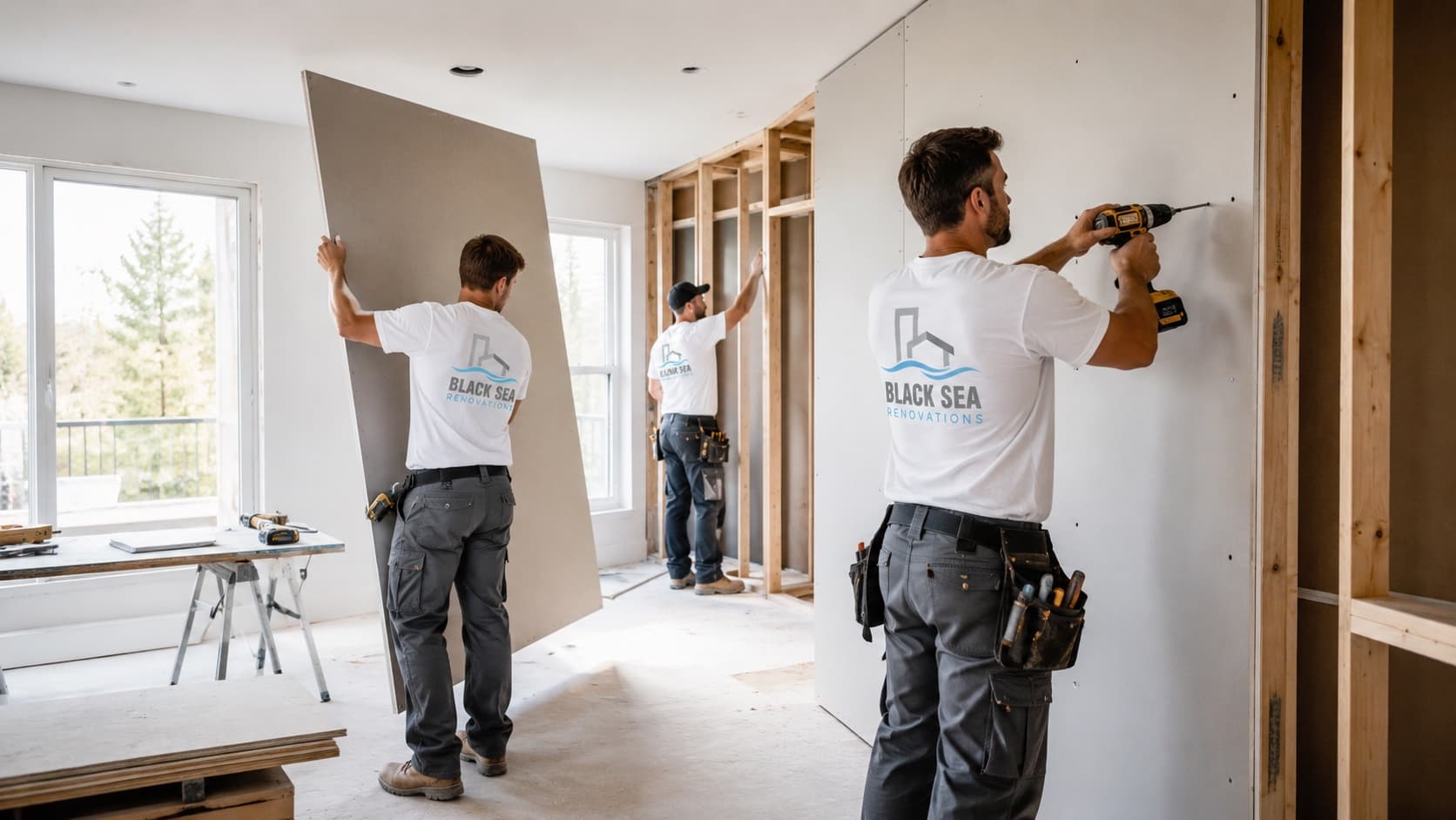 Black Sea Renovations team installing drywall during a home renovation project