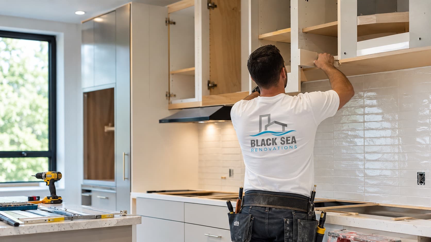 Black Sea Renovations installer working on kitchen cabinetry during a renovation